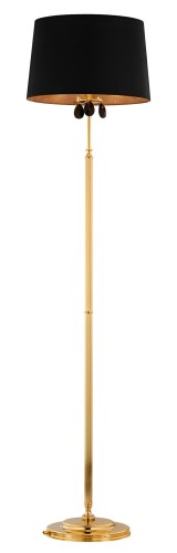 Lampa podłogowa w stylu glamour. Złoty stelaż ozdobiony czarnymi kryształkami i czarny abażur.