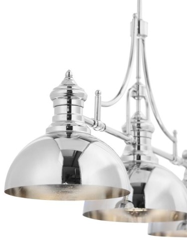 Niklowana elegancka lampa nad stół z 3 punktami światła o regulowanej wysokości.