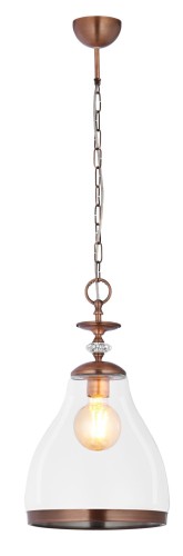 Elegancka lampa pojedyncza ze szklanym kloszem wykończona elementami metalowymi w kolorze miedzi.