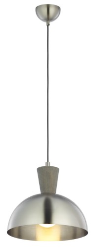 Lampa pojedyncza klosz w kolorze niklu z dodatkowym drewnianym elementem w kolorze antracytu.