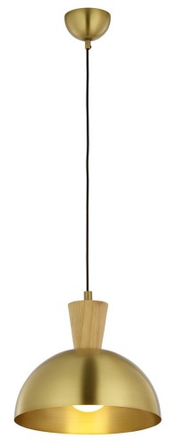 Złota pojedyncza lampa wisząca - kolor mosiądz satynowany. Dodatkowo element z naturalnego drewna.