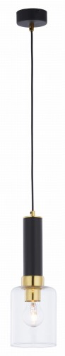 Minimalistyczna i elegancka lampa pojedyncza w kolorze złotym i czarnym. Szklany klosz bezbarwny.