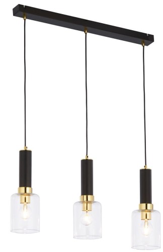 Trzypunktowa elegancka lampa czarno złota z bezbarwnymi kloszami szklanymi.