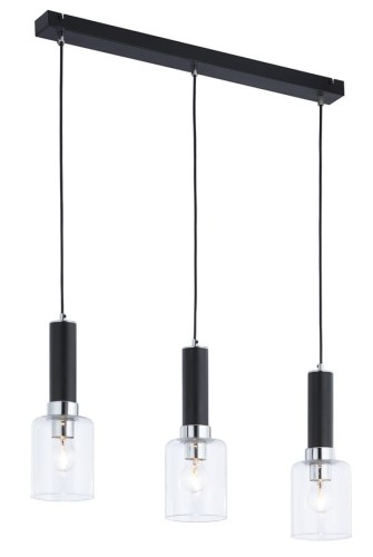 Lampa potrójna z bezbarwnymi szklanymi kloszami. Powieszone na przewodach z metalowymi elementami w kolorze czarnym i chromowym.