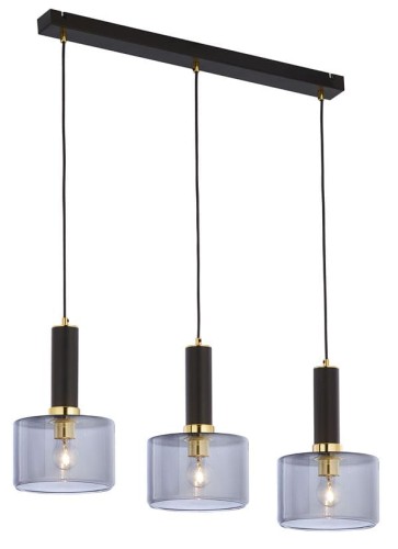 Trzypunktowa lampa wisząca ze szkłem dymnym. Kolor stelaża czarno - złoty.