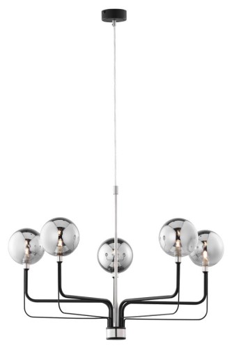 Nowoczesny czarno - niklowany żyrandol z 5 kloszami dymnymi.