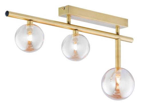 Lampa złota mosiądzowana z trzema bursztynowymi kloszami w kształcie kulki.
