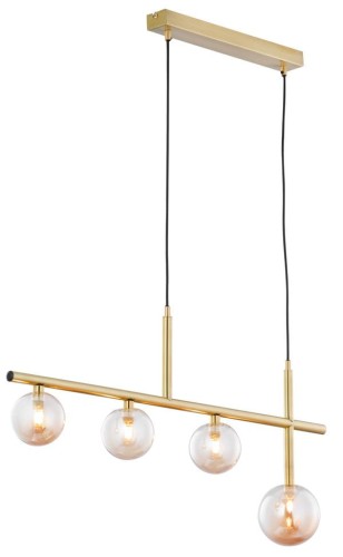 Cztery bursztynowe klosze o kształcie kulki umieszczone na poziomym stelażu w kolorze złotym.