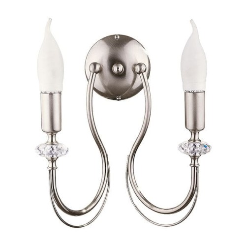 Srebrny - niklowany kinkiet świecznikowy ozdobiony kryształkiem.