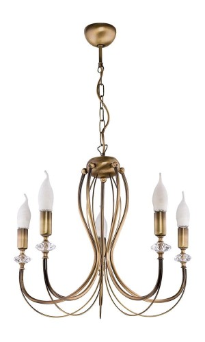 Pięcioramienny żyrandol świecznikowy w kolorze patyny. Dodatkowo ozdobiony kryształkami na rurce.