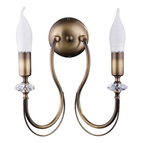 Kinkiet świecznikowy podwójny patynowany z ozdobnymi kryształkami.