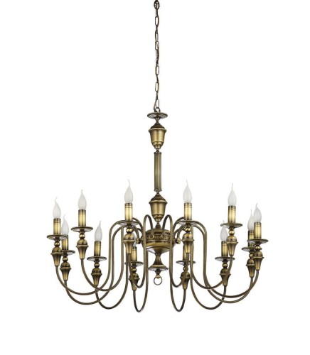 12 ramienny mosiężny i patynowany żyrandol. Lampa świecznikowa do dużych i eleganckich salonów, sal i rezydencji.