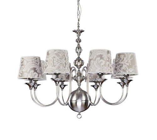 Duży i elegancki żyrandol chromowany z abażurkami szarymi we wzorki. Styl klasyczny.