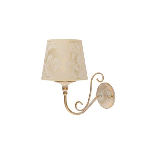 Kremowo-złoty kinkiet z abażurem ze wzorem adamaszkowym.