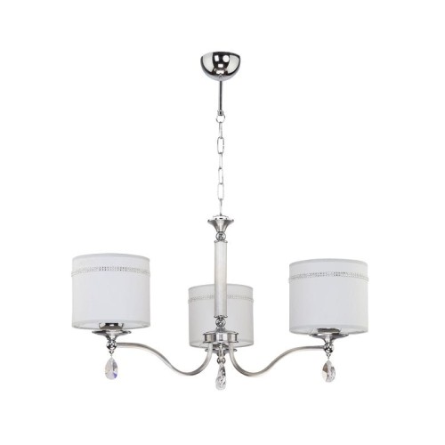 Srebrny żyrandol w stylu glamour trzyramienny z białymi abażurkami z cyrkoniami.