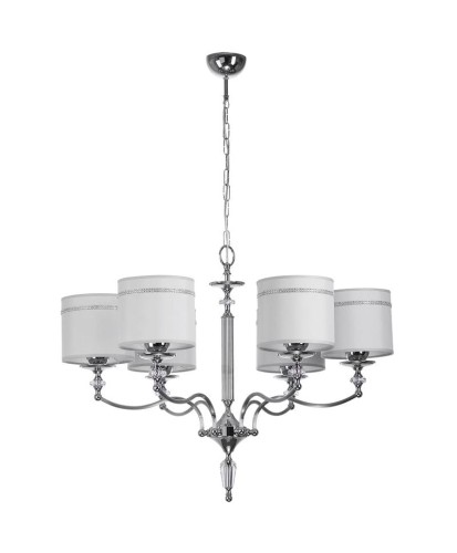 Żyrandol w stylu nowojorskim chromowany z kryształkami. Abażurki srebrno-szare z kryształkami.