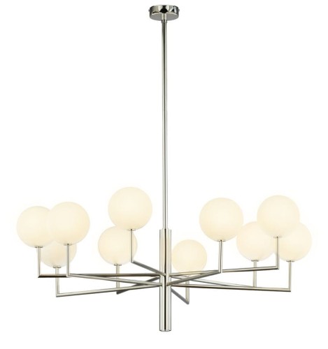 Prosta i nowoczesna forma dużego niklowanego żyrandola z kulkami.