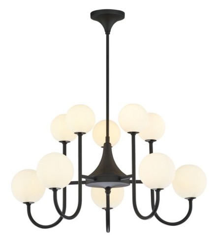 Czarny żyrandol do salonu z 10 białymi szklanymi kulami.