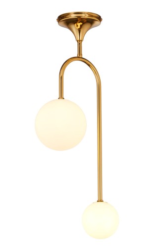 Złota lampa na sufit z 2 białymi kulkami na żarówki ledowe G9.