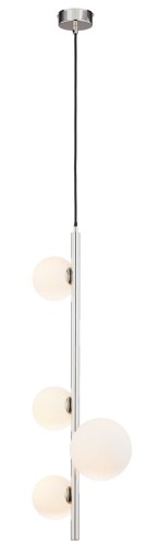 Lampa wisząca w kolorze niklu z 4 kulkami białymi.