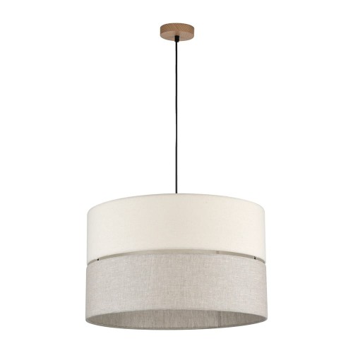Zwis pojedynczy - lampa z abażurem w kolorze beżowo - szarym.