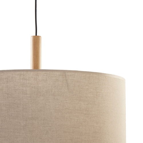 Lampa wisząca duży abażur w kolorach beżowo- szarych.