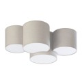 Lampa na sufit składająca się z 4 geometrycznych abażurów w kolorze beżowo - szarym.