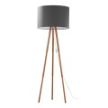 Lampa podłogowa w typie skandynawskim - trójnóg drewniany. Duży szary abażur w kształcie walca.