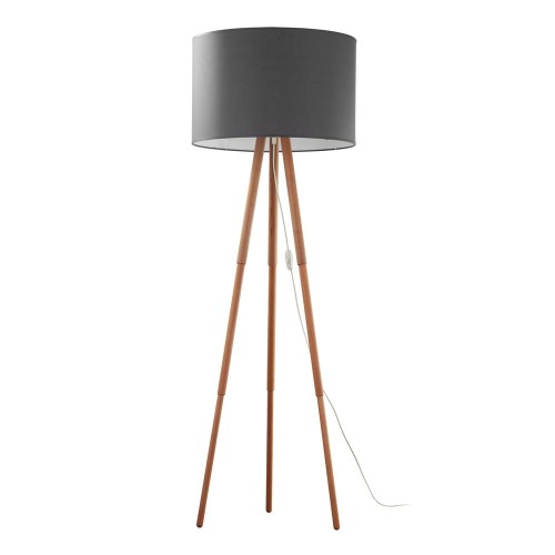Lampa podłogowa w typie skandynawskim - trójnóg drewniany. Duży szary abażur w kształcie walca.