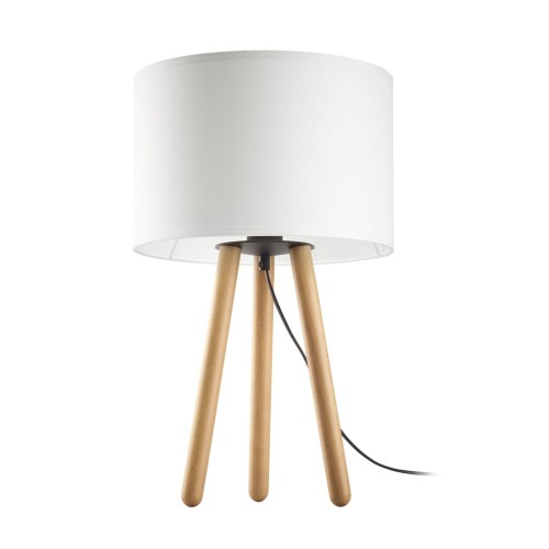 Lampka nocna w typie skandynawskim - drewniany trójnóg i biały abażurek.