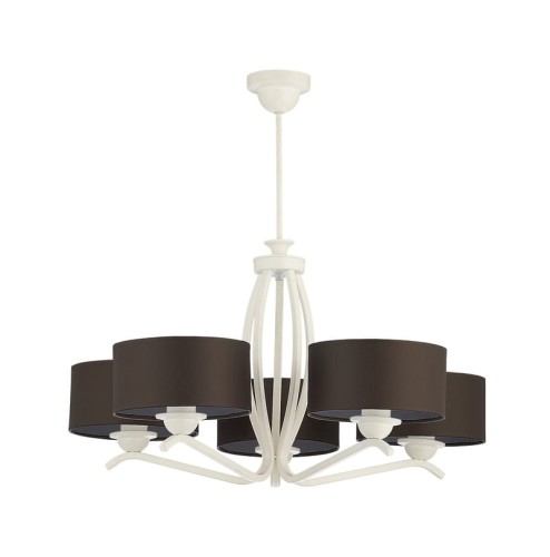 Żyrandol klasyczny biały z czarnymi abażurami w nowoczesnej formie.