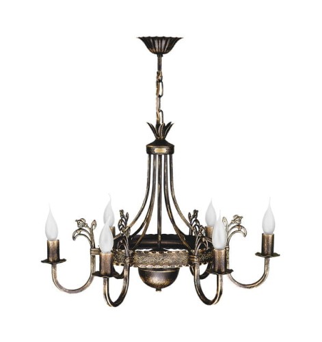 Klasyczny  żyrandol świecznikowy w kolorze czarnym i ręcznie patynowany o bogatej metaloplastyce.