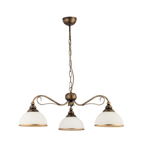 Lampa wisząca klasyczna - patynowana z 3 szklanymi kloszami w kolorze białym.