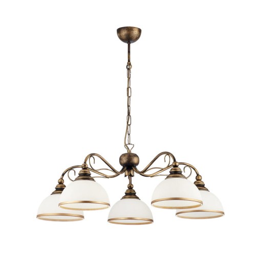 Klasyczna lampa wisząca w kolorze patyny z 5 szklanymi kloszami w kolorze białym ze złotym paskiem.