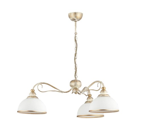 Lampa wisząca w kolorze ecru i złotym z 3 kloszami szklanymi.