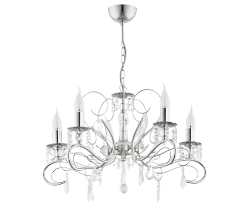 Żyrandol świecznikowy w kolorze chromu z dużą ilością kryształków.