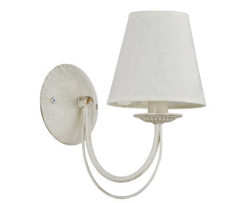 Kinkiet w kolorze bieli antycznej z białym abażurem.