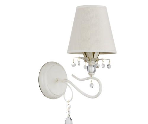 Biały kinkiet na ścianę z abażurkiem. Ozdobiony kryształkami i ładną metaloplastyką.