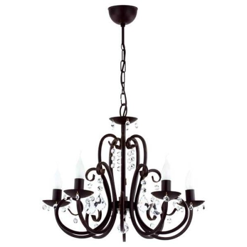 Czarny świecznikowy żyrandol z kryształkami.