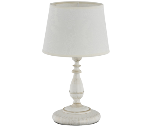 Lampa nocna w kolorze bieli ze złotymi znaczeniami. Abażur biały z delikatnym wzorkiem.