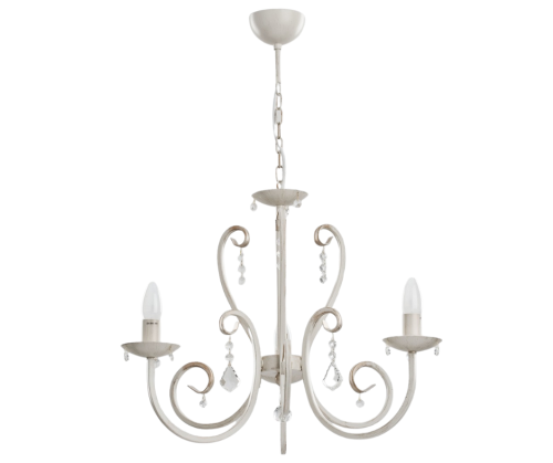 Żyrandol świecznikowy biały ze złoceniami dodatkowo ozdobiony kryształkami.