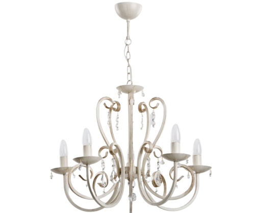 Biały żyrandol świecznikowy ze złoceniami, dodatkowo ozdobiony kryształkami.