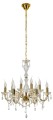 Złoty żyrandol świecznikowy z bardzo duża ilością kryształków i szklanych elementów ozdobnych.