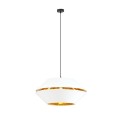 Nowoczesna lampa wisząca z dużym pojedynczym abażurem w kolorze złotym i białym.