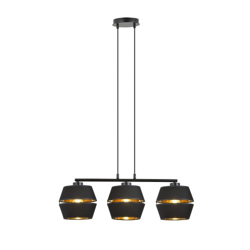 Nowoczesna lampa wisząca z trzema abażurami w kolorystyce czarno - złotej.