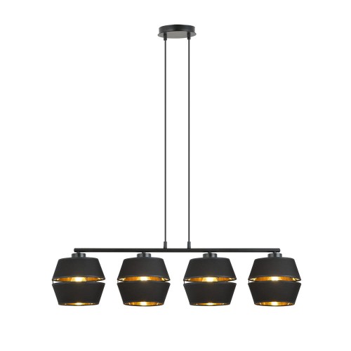 Nowoczesna lampa wisząca z 4 abażurami w kolorze czarno - złotym.