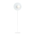 Biała designerska lampa podłogowa z białą kulka szklaną.