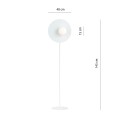 Biała designerska lampa podłogowa z białą kulka szklaną.