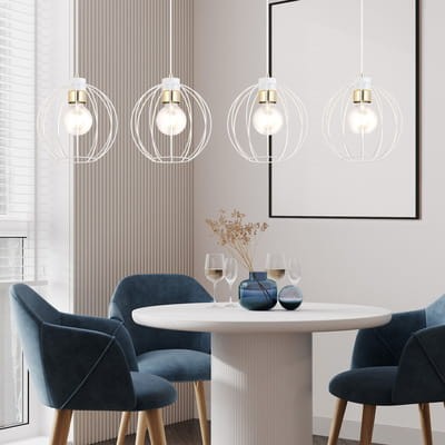 Lampa nowoczesna z kloszami z drutu na 4 żarówki w kolorze biało złotym.
