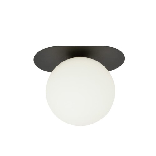 Mała czarna lampa na sufit z białą kulką.